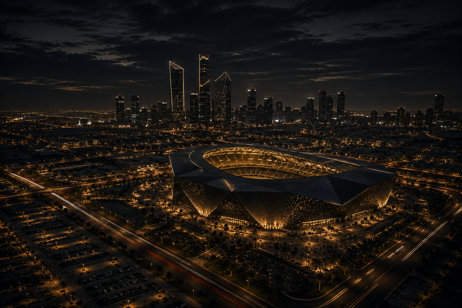Aerial night view of an illuminated stadium with a city skyline